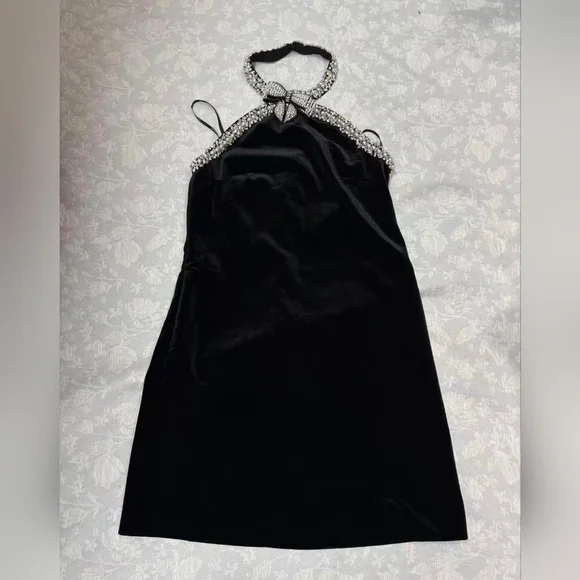 Self-Portrait Black Velvet Crystal Trim Mini Dress